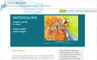 Home page screen shot showing a watercolor image of cranes by artist Penny Brandon